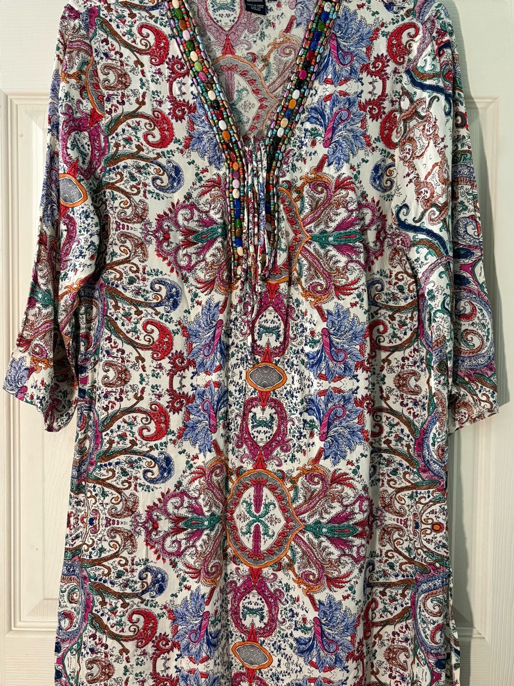 Papillon Boho Paisley Beaded V-Neck 3/4 Sleeve Tunic Blouse - Size Medium